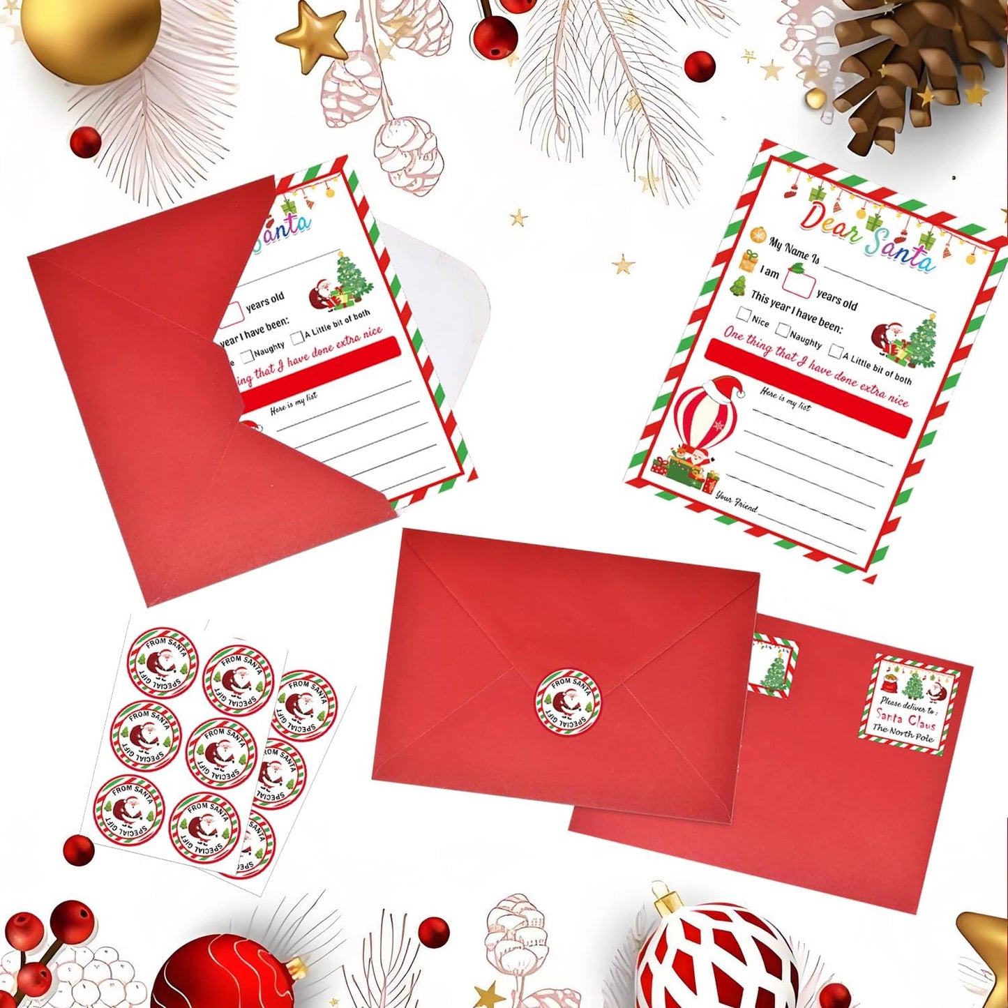 10 Set Santa Letter Kit Christmas Official Letters to Santa Christmas Wish List to Santa,Include Writing Letter/Envelopes/Address Labels/Seals Stickers/Return Address Label