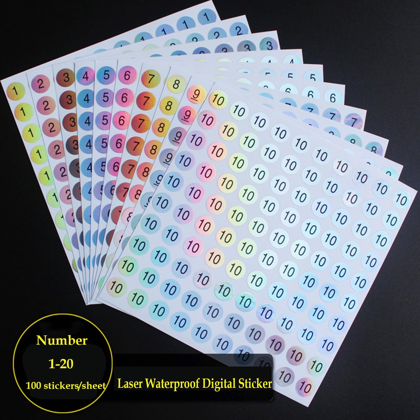 RIVEENY 20 Sheets Number 1-20 Waterproof Reflective Laser Number Stickers,Round Self Adhesive Stickers,Self-Adhesive Consecutively Numbered Labels for Storage/Organizing