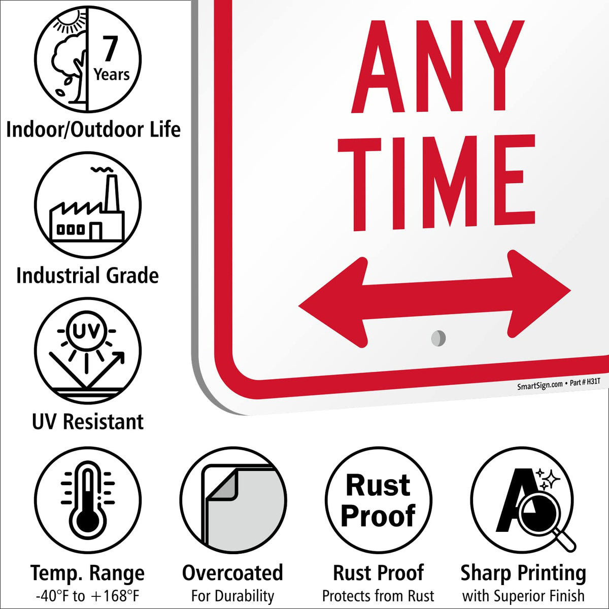 SmartSign 18 x 12 inch “No Parking Any Time” Metal Sign with Bidirectional Arrow, 120 mil Aluminum Composite (ACM), Engineer Grade Reflective Material, Red and White, Made in USA EG Reflective ACM 12" x 18"