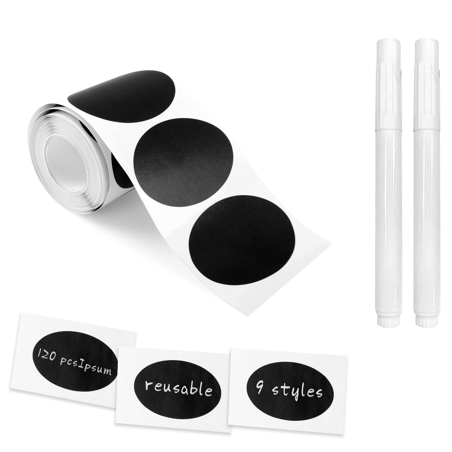 MUWOOB Chalkboard Labels, 120 Pcs Black Reusable Waterproof Labels Stickers with 2 White Chalk Markers, Kitchen Pantry Sticker Labels for Containers, Mason Jars, Condiments, Food Storage (Oval Shape) Oval
