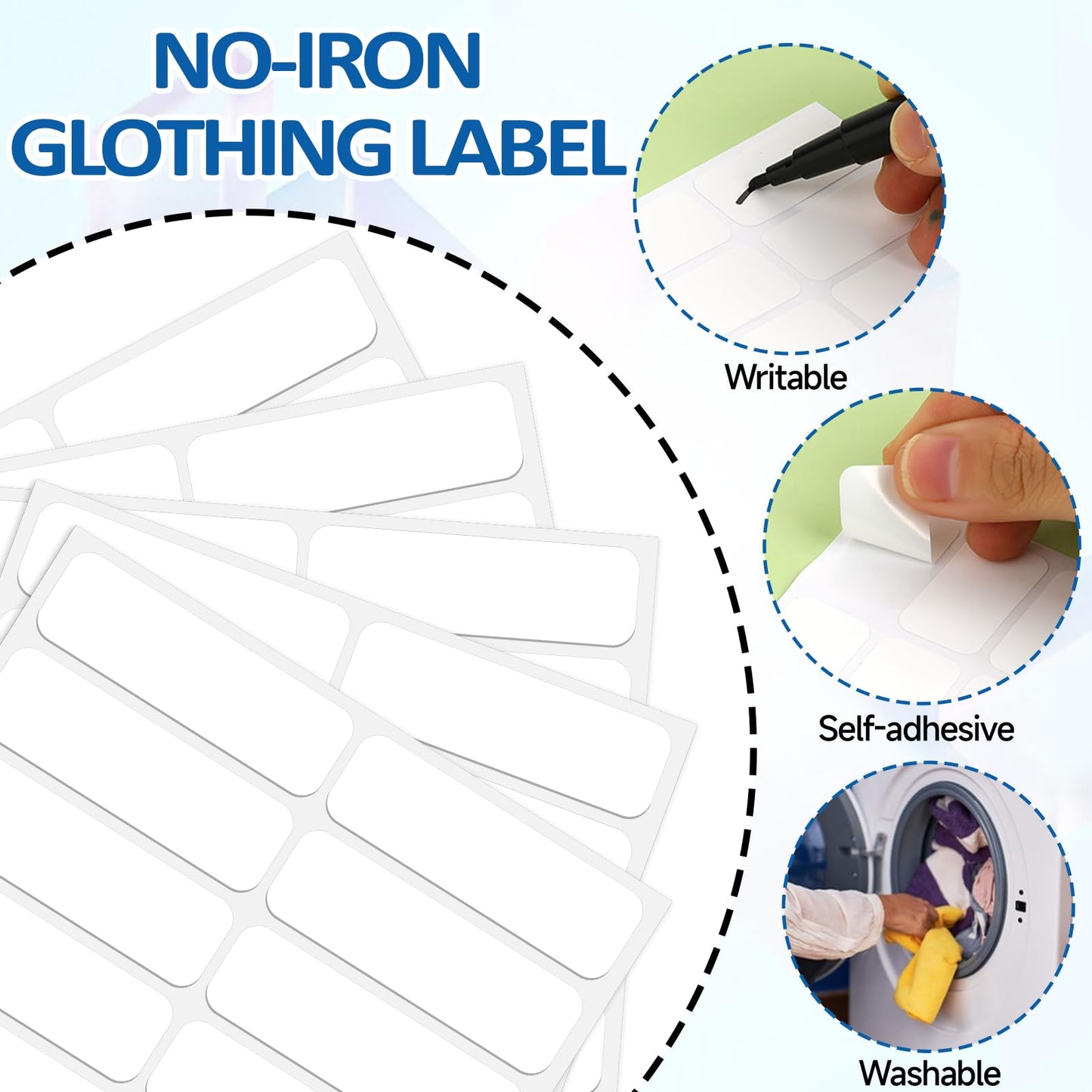 100Pcs Clothing Labels No Iron Waterproof Self-Stick Fabric Labels for Clothes Laundry Labels with 2Pcs Black Marker Pen for Adults,Camp,Home,Daycare and Nursing Home 1.75 x 0.59Inch