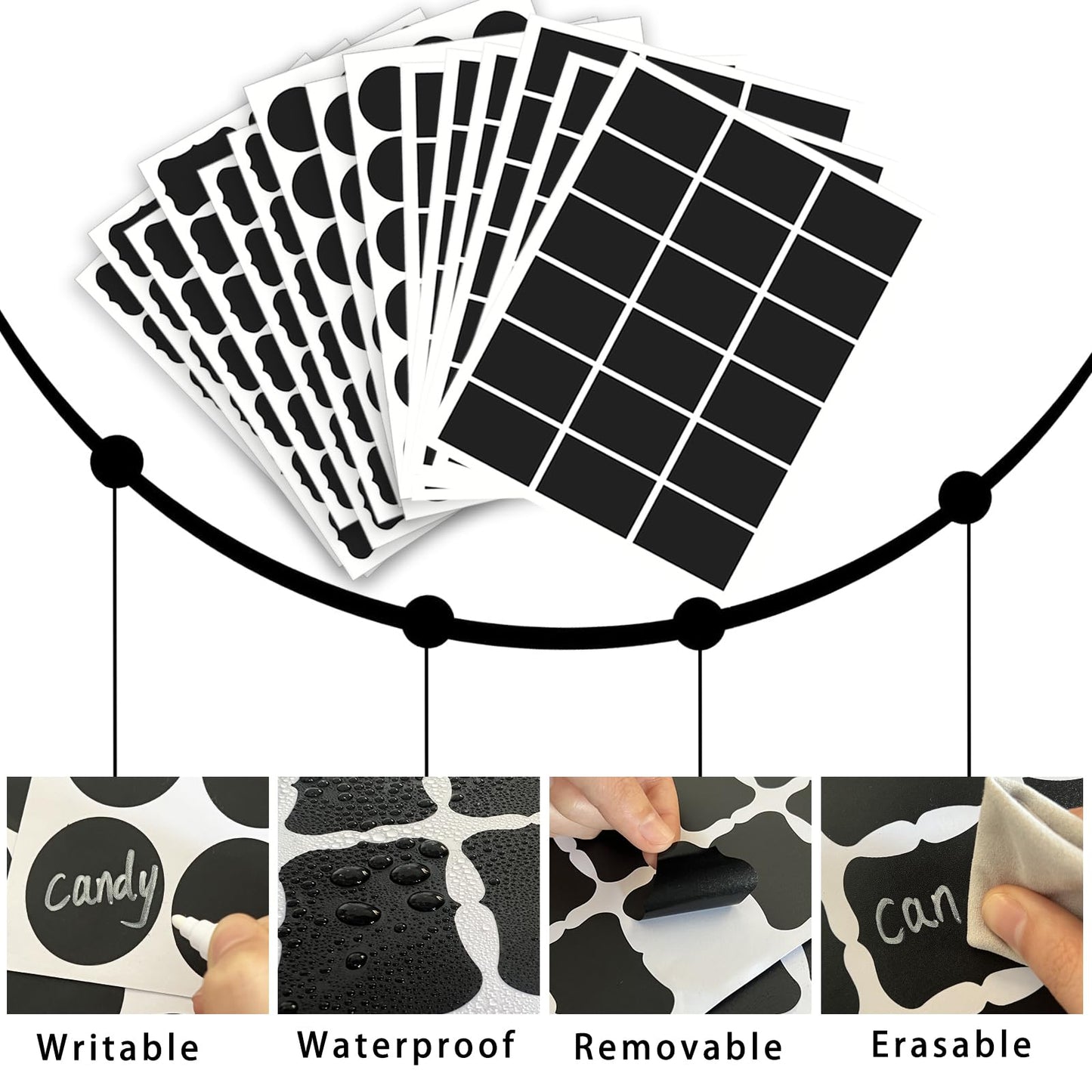 290 pcs Chalkboard Labels,Removable Blackboard Label Stickers,3 Assorted Shapes,with 2 White Chalk Marker,Erasable Reusable Waterproof Label for Storage Bin,Food Container,Mason Jars,Jars