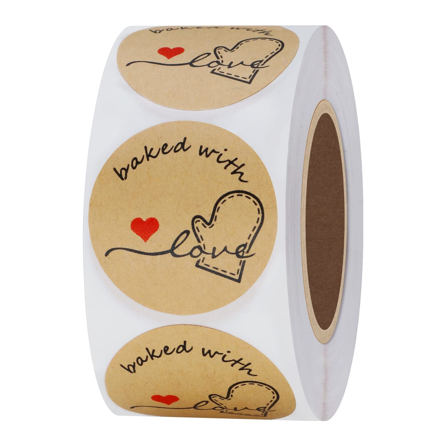 Hybsk Rustic Baked with Love Stickers with Wreath Around 1.5" Inch Round Total 500 Adhesive Labels Per Roll(Kraft) Kraft Paper