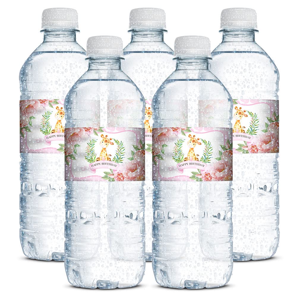 Watercolor Giraffe Birthday Themed Waterproof Water Bottle Sticker Wrappers 20 Wrap Around Labels Sized 1.75" x 8.5" by AmandaCreation