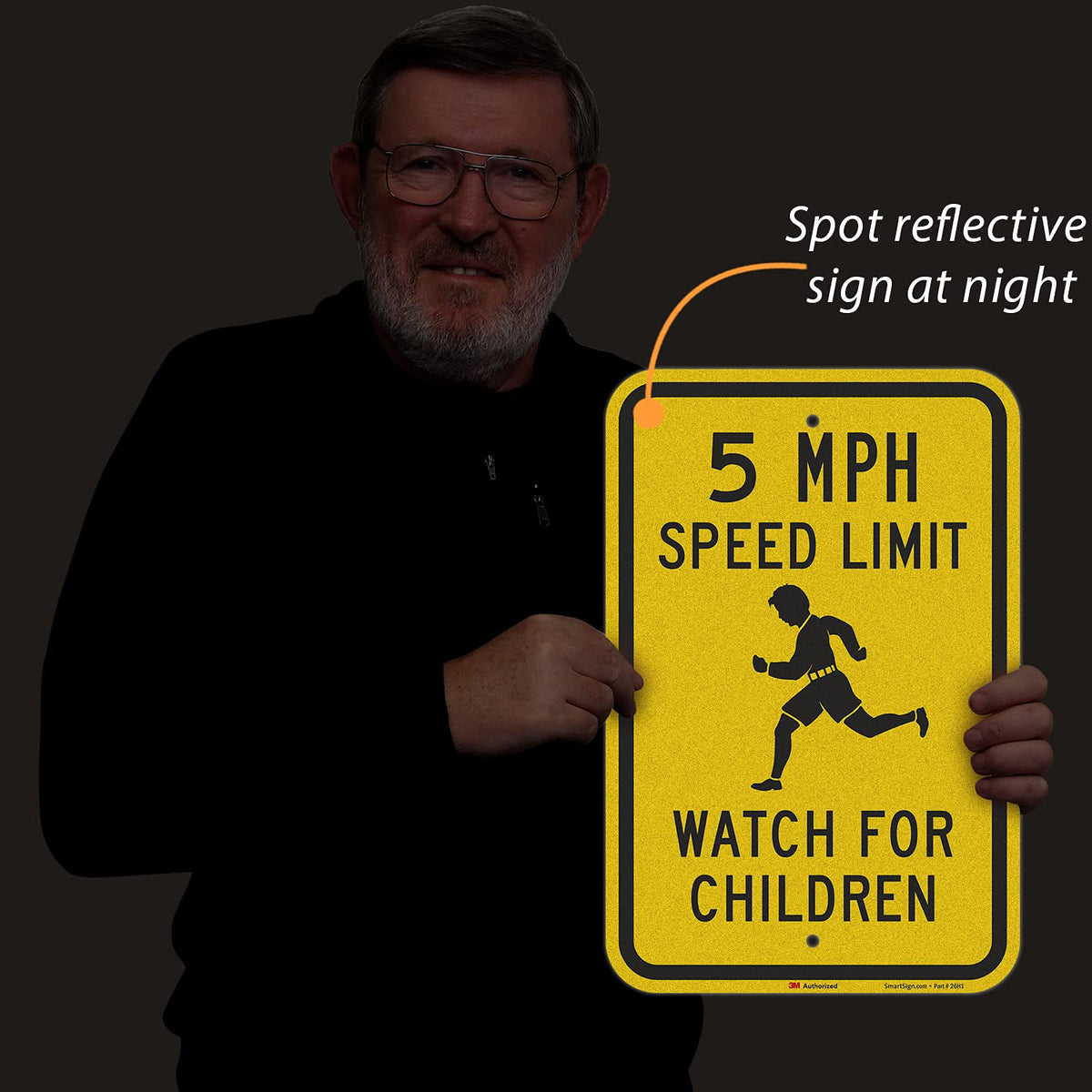 SmartSign 18 x 12 inch “5 MPH Speed Limit - Watch For Children” Metal Sign, 63 mil Aluminum, 3M Laminated Engineer Grade Reflective Material, Black and Yellow, Made in USA