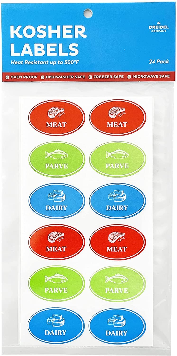 The Dreidel Company Assorted Kosher Labels, 16 Blue Dairy, 16 Red Meat, 16 Green Parve Stickers, Oven Proof up to 500°, Freezable, Microwavable, Dishwasher Safe, English, Color Coded Tools (48-Pack) 48-Pack Oval Design