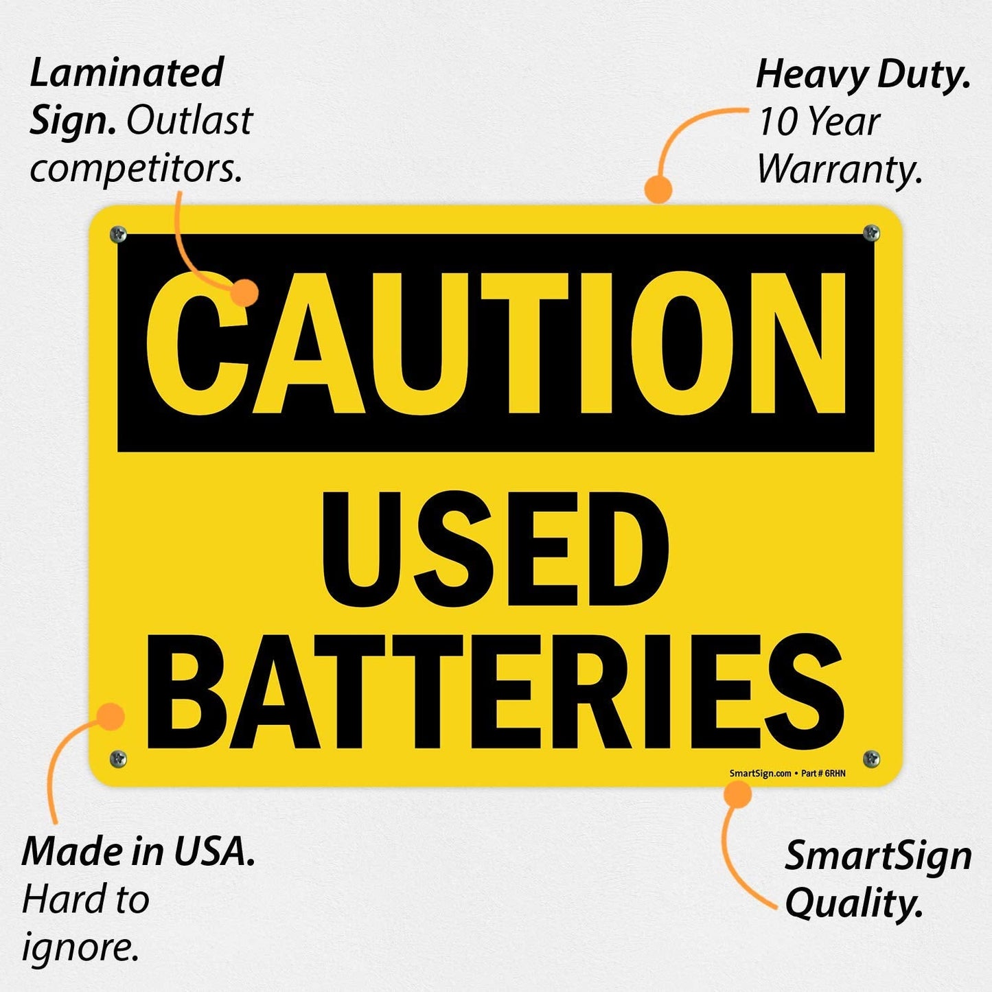 SmartSign "Caution - Used Batteries" Sign | 10" x 14" Aluminum Black on Yellow