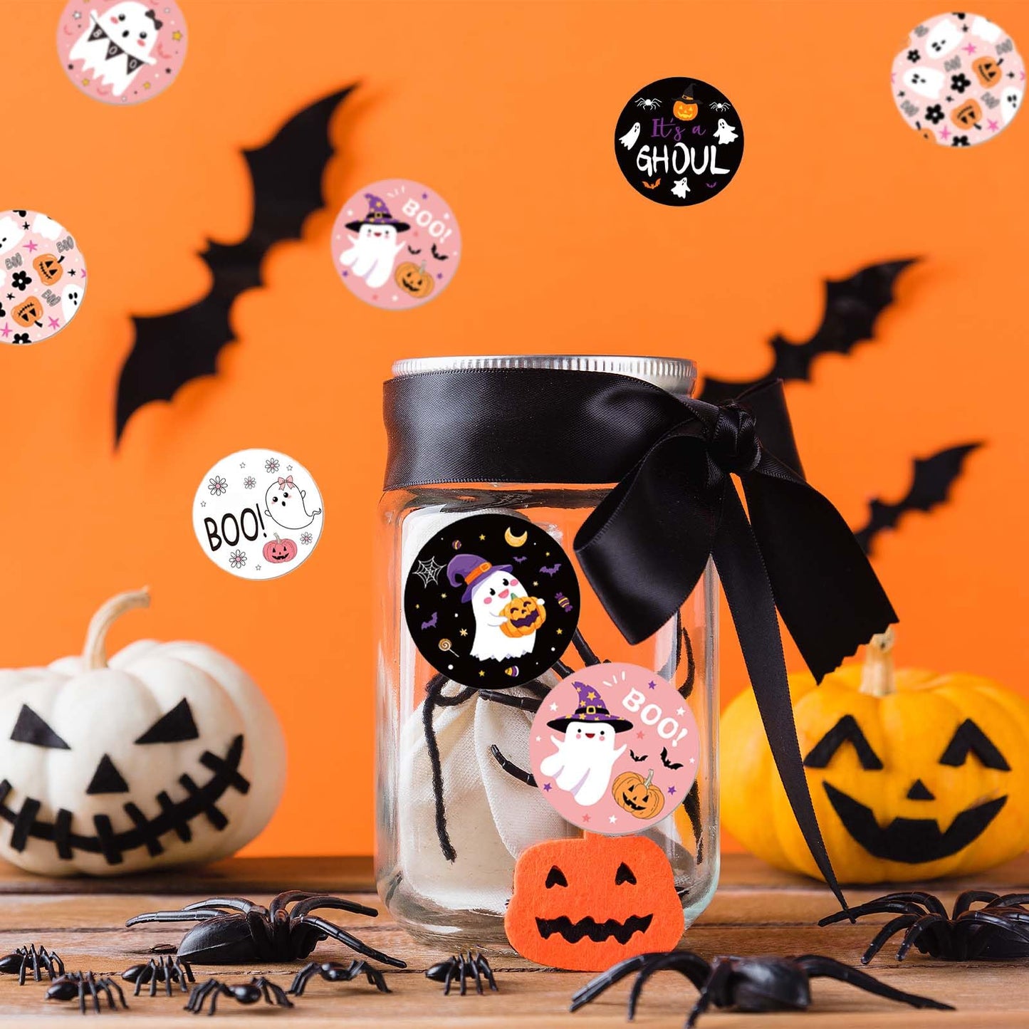 1000Pcs Halloween Stickers Roll Pink Black Cute Ghost Boo Self-Adhesive Round Stickers for Halloween Party Gift Bags Self-Sealing Supplies, 8 Design