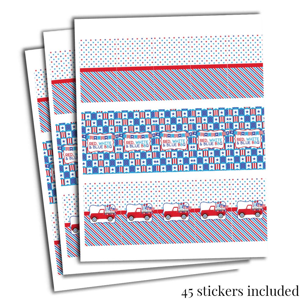 Red, White & Blue BBQ Party Mini Chocolate Candy Bar Sticker Wrappers, 45 1.4" x 2.6" Wrap Around Labels by Amanda Creation, Great for Party Favors