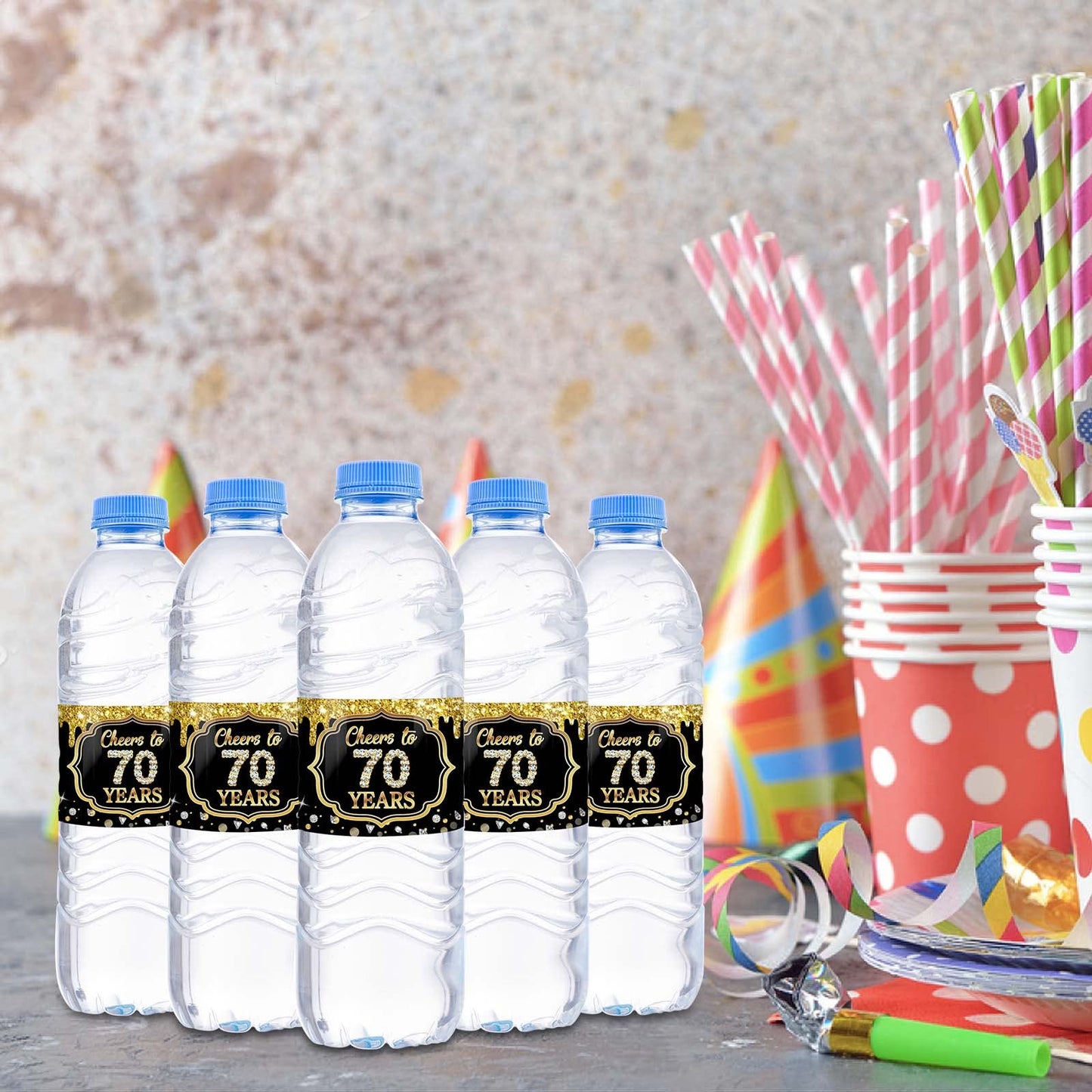 WOWOPA 32Pcs Cheers to 70 Years Water Bottle Labels, Happy 70th Birthday Labels Stickers for Women and Men Birthday Party Decorations - Black