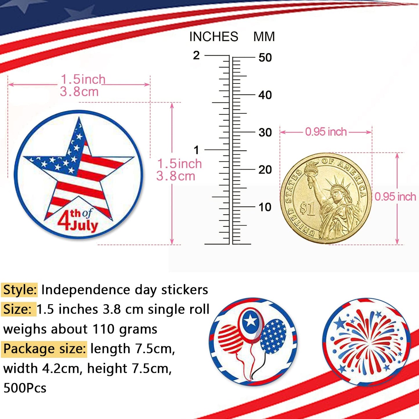 500Pcs Independence Day Label Stickers Roll 4th of July Envelope Seals Stickers Patriotic Party USA Flag Star Balloon Adhesive 1.5inch Round Labels Wrapping Paper for Card Gift Bags Decor 8 Designs 4th of July 1