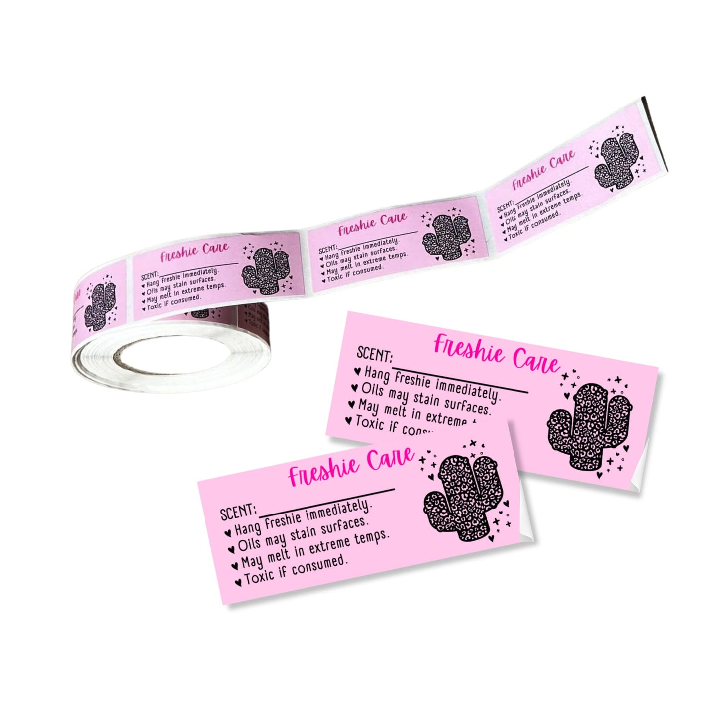 Freshie Care Instruction Card Sticker with Line to Write in Scent | 350 pc roll | Leopard Cactus Pink Warning Labels Customer Package 1x2.5”