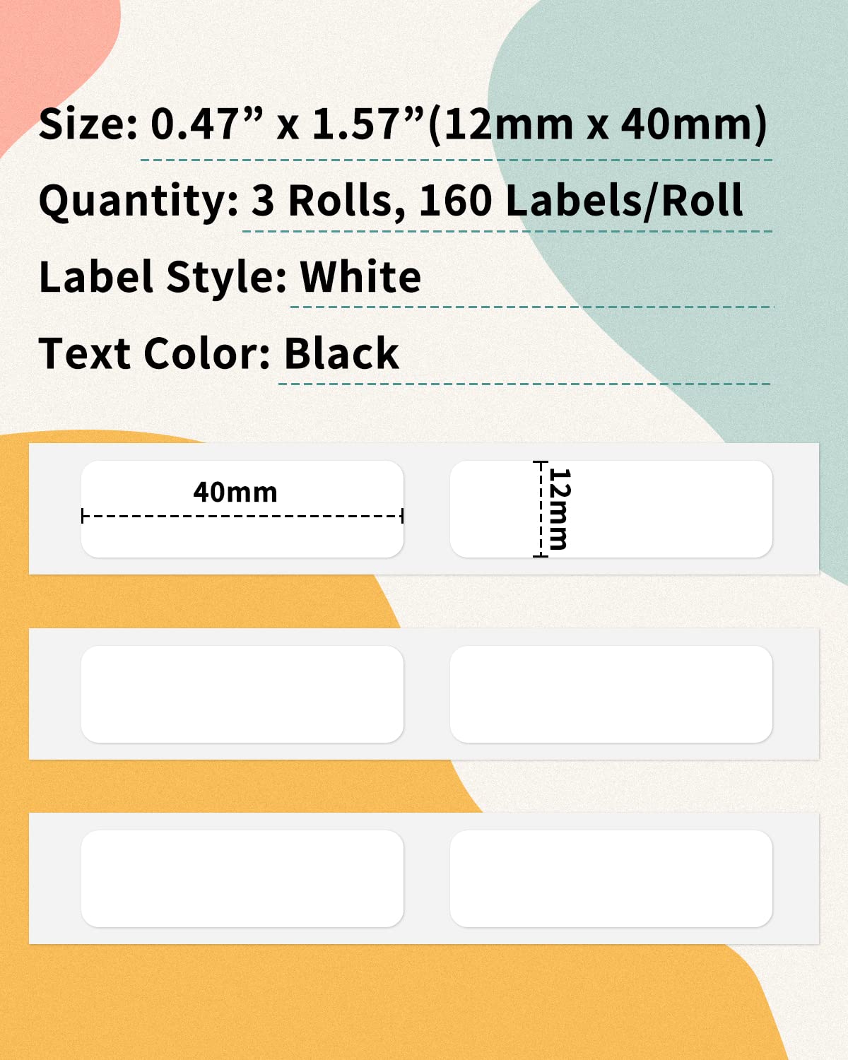 White Thermal Label Tape Adhesive Label for Phomemo Q31/D30 Label Makers, 3/8" X 1 1/2" (12mm X 40mm), Strong Adhesion, Waterproof, 3 Rolls White 12mmx40mm
