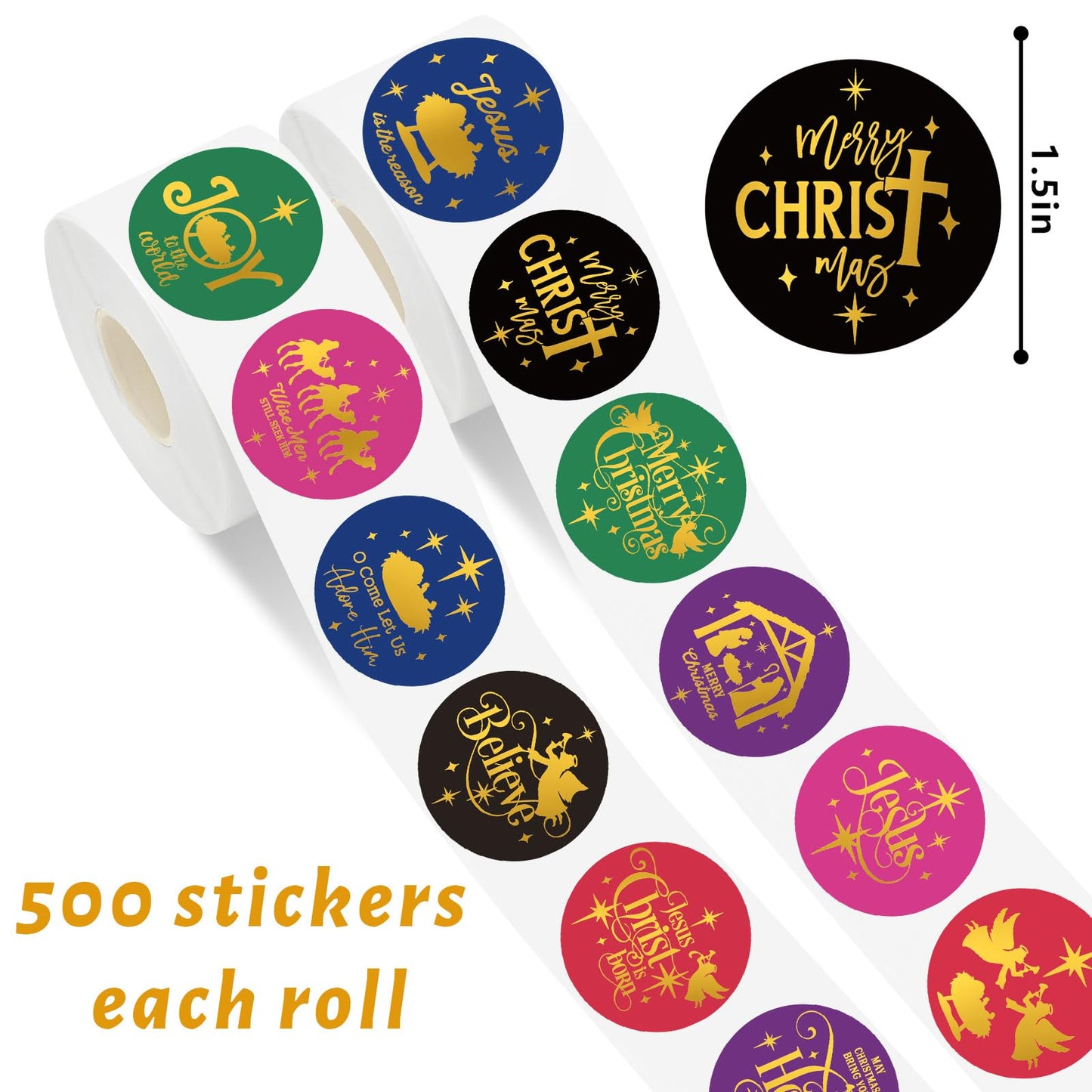 1000Pcs Gold Foil Christmas Nativity Stickers Roll Self-Adhesive Xmas Holy Night Label Stickers Decal for Holiday Party Favor Decor, 12 Designs