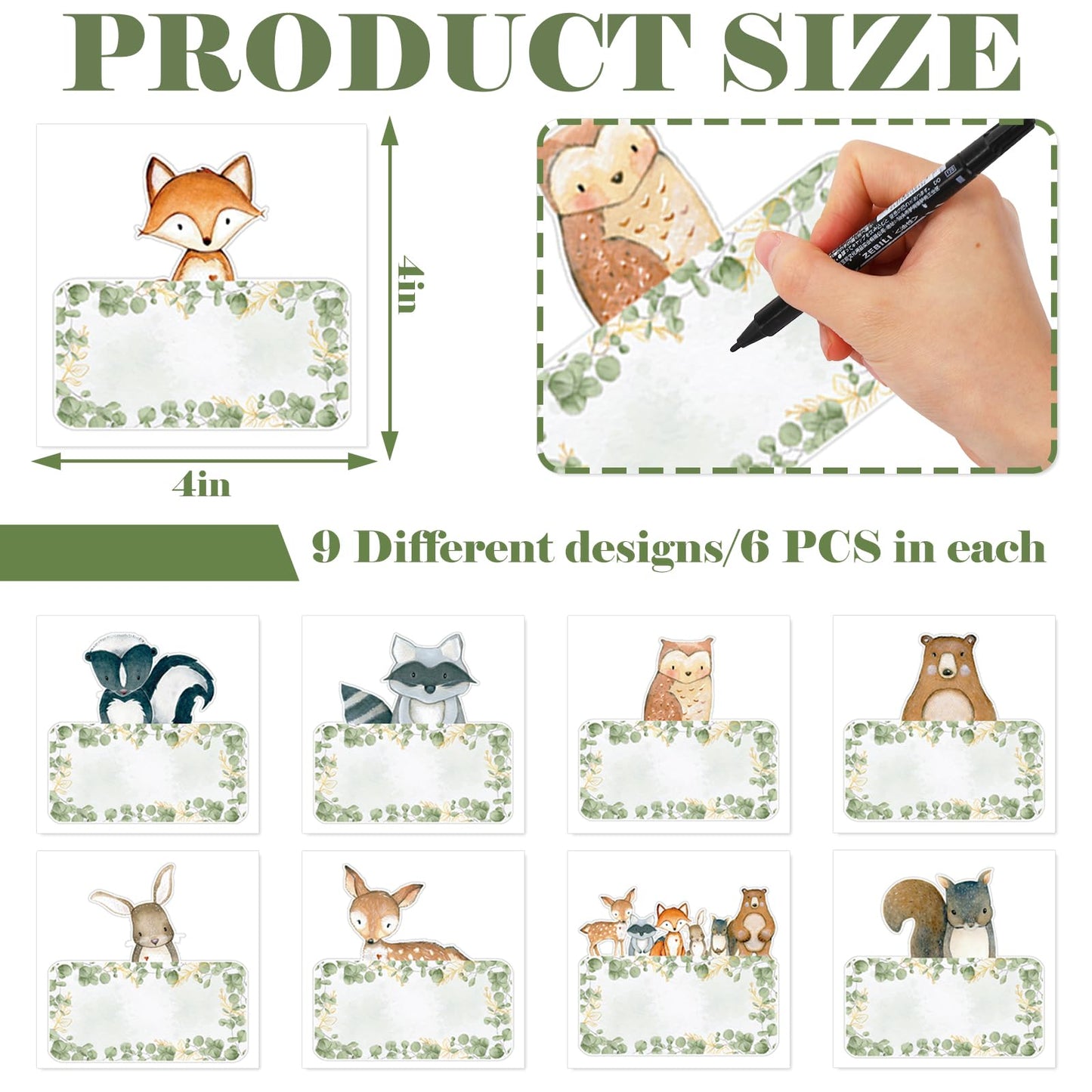 Whaline 54Pcs Woodland Animal Name Tag Stickers Jungle Animal Self Adhesive Decals Blank Name Labels for Home Classroom Office
