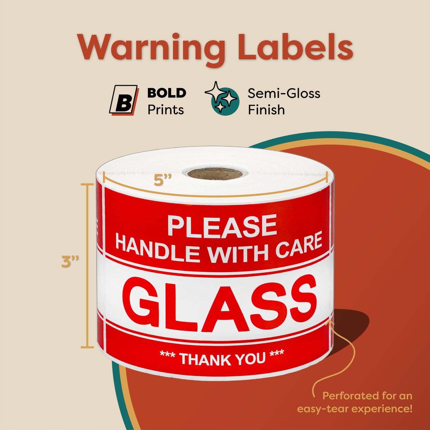 Aegis Adhesives - 3" X 5" Glass - Please Handle with Care - Thank You, Warning Shipping Labels (1 Roll, 500 Stickers Total) Red (Glass)