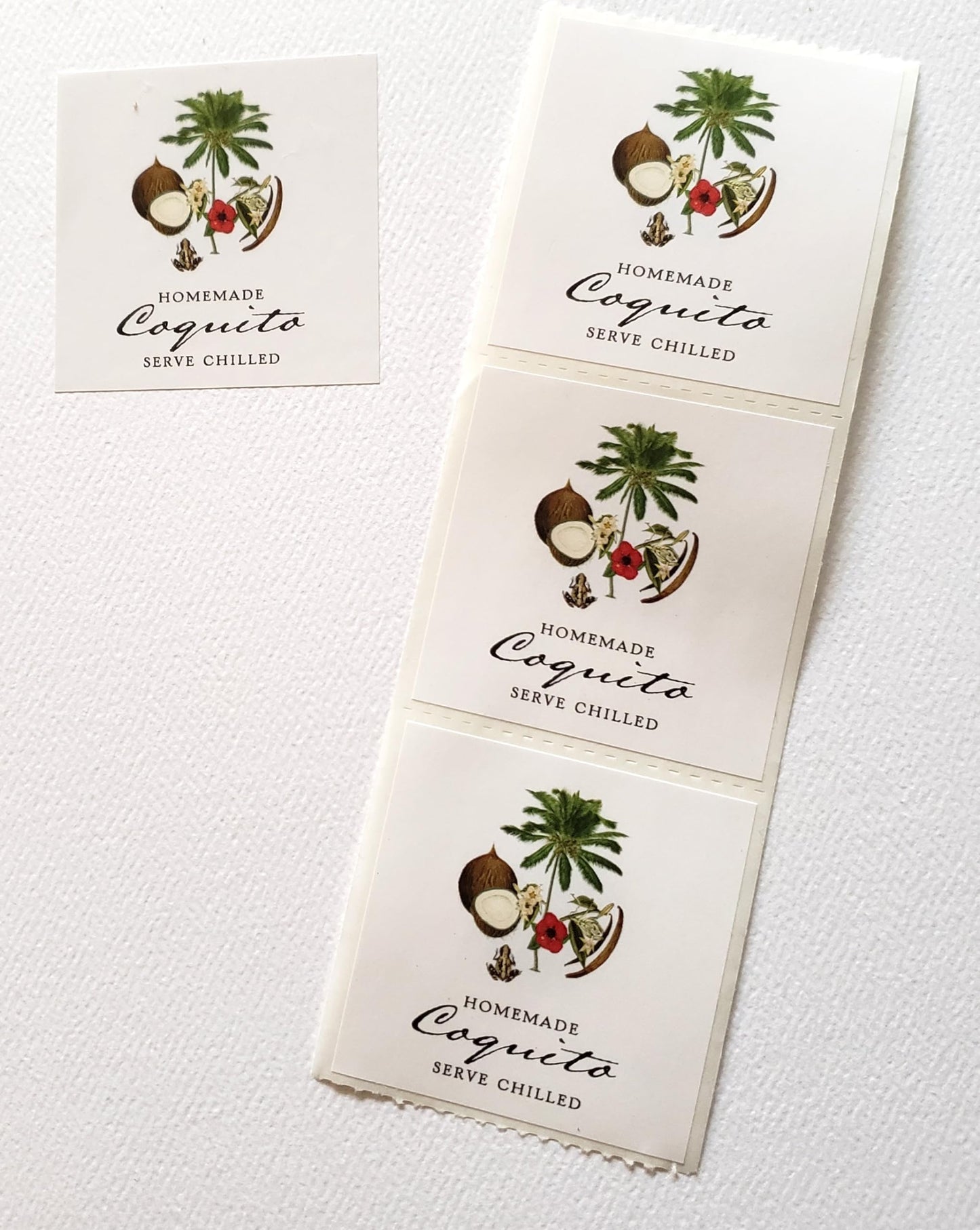 COQUITO (Hibiscus) Labels with graphic of Coconut, Vanilla Bean, Palm Tree, Frog and Hibiscus. (2" X 2" SQUARE) 2" X 2" SQUARE