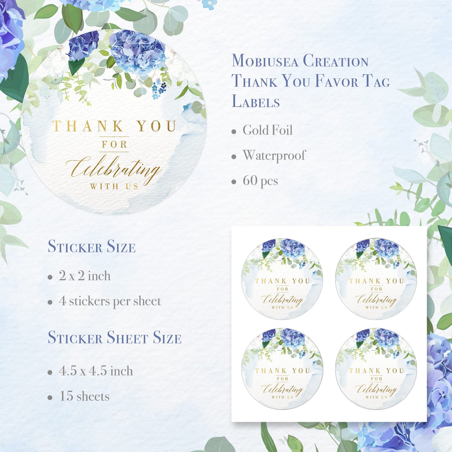 Mobiusea Creation Blue Floral Thank You for Celebrating with us Stickers | 2 inch | Gold Foil | 60pcs Waterproof Thank You Stickers Wedding Labels for Wedding, Bridal Shower, Baby Shower