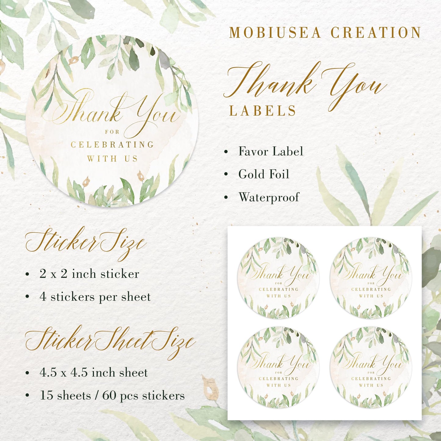 Rustic Greenery Wedding Thank You Labels Thank You for Celebrating with Us Stickers | 2 inch | Gold Foil | 60pcs Waterproof Favor Labels for Wedding, Bridal Shower, Baby Shower