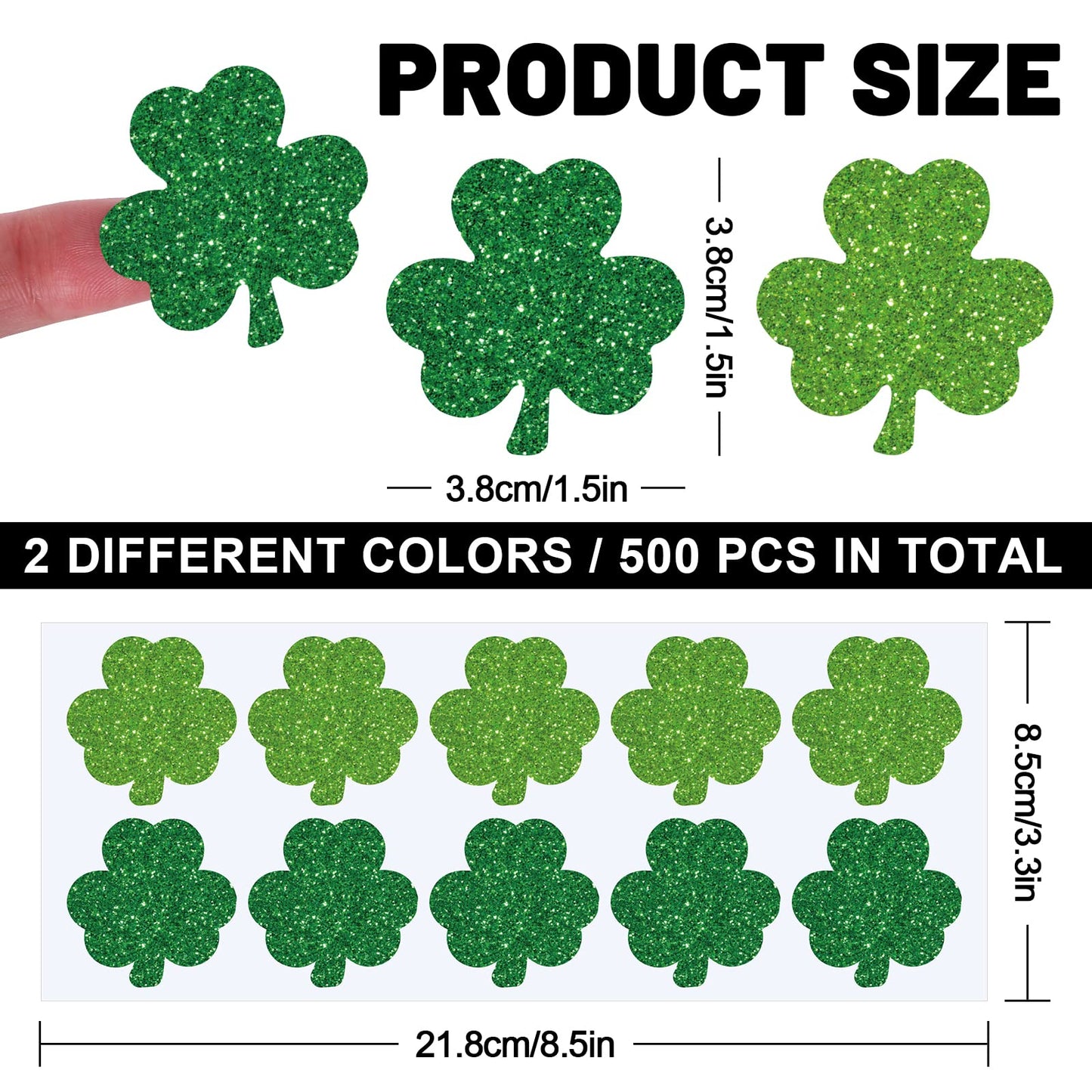 Whaline 500Pcs St. Patrick's Day Stickers Glitter Green Shamrock Shape Stickers 1.5Inch Lucky Clover Pattern Shinny Label Tag Self-Adhesive Stickers for Irish Holiday Party Box Cards Seal Envelopes