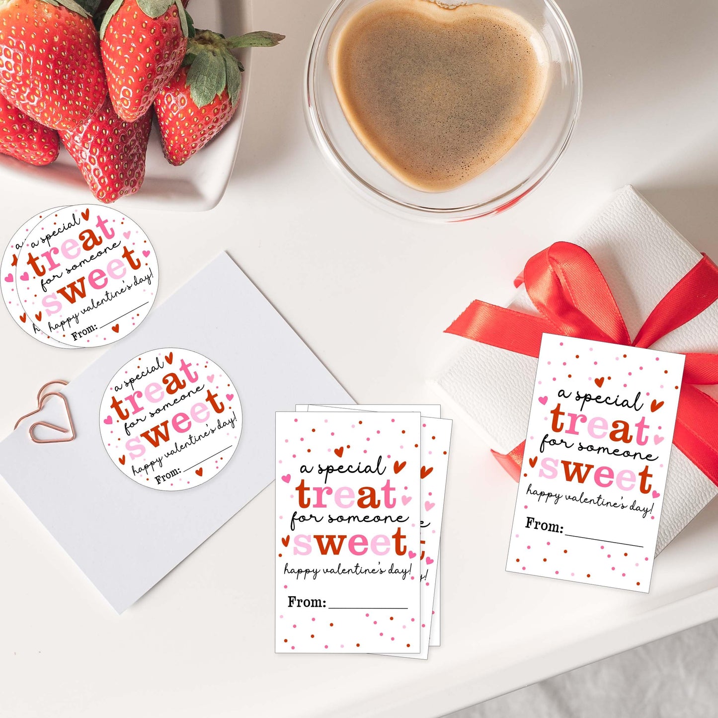 Valentine's Day Stickers, Treat Sweet Stickers, Valentine Party Favor Labels, 20 Round Stickers and 20 Square Stickers, Valentine Labels for Gift Wrapping Classroom-A08