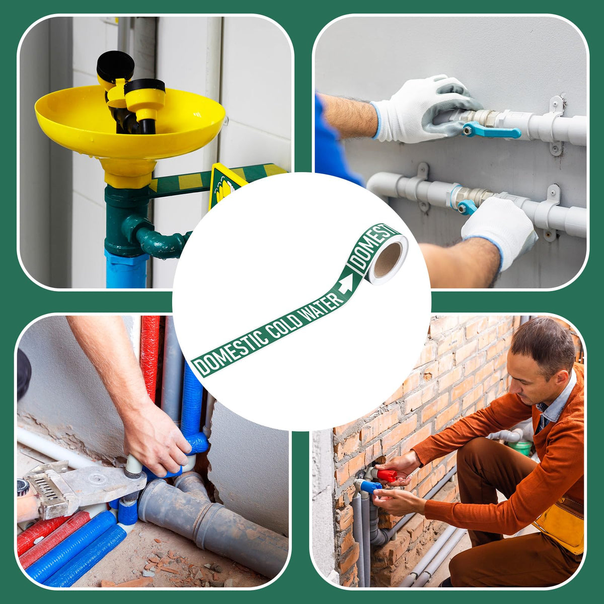 Domestic Cold Water Pipe Markers 1" Height x 8" Width Safety White on Green Pipe Self Labels with Arrow Plastic Film Markers Stickers for Industrial Safety Marking Supplies