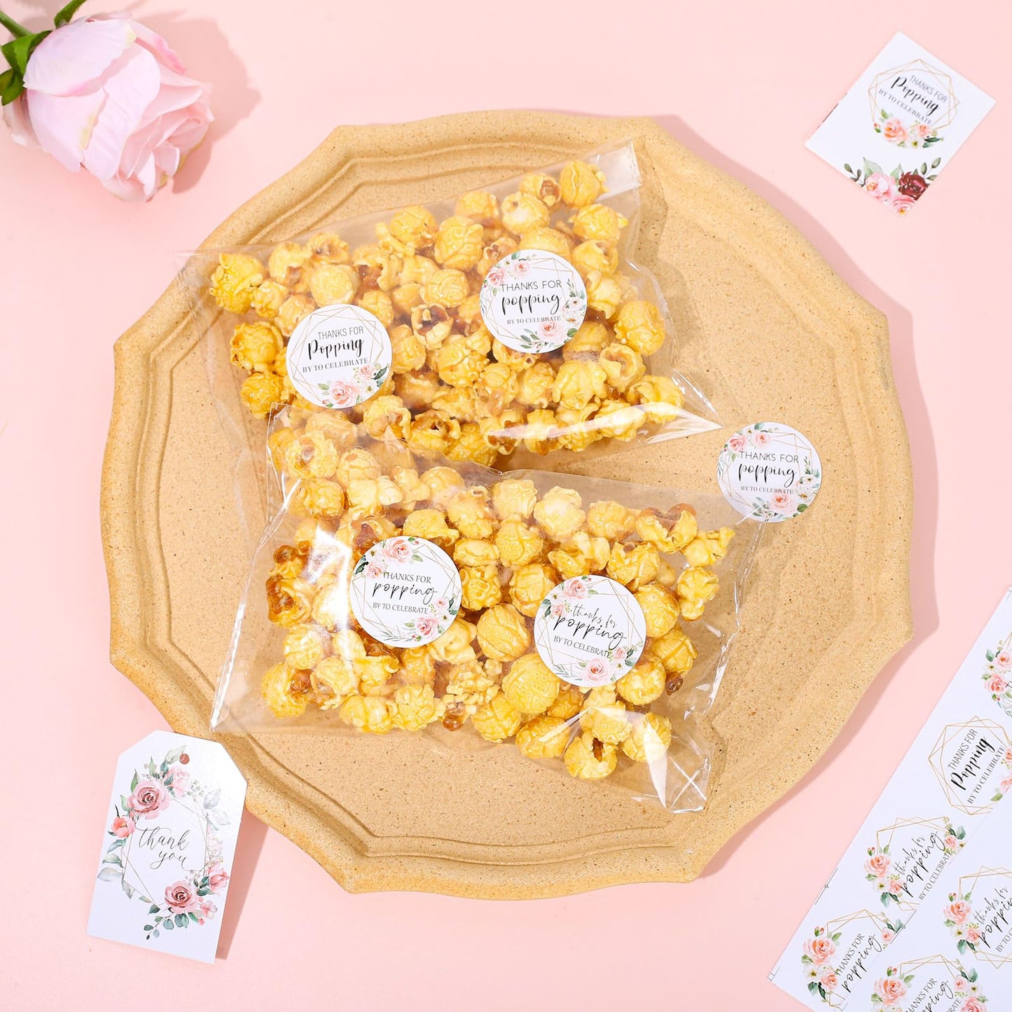 AnyDesign 120Pcs Popcorn Stickers Labels Thanks for Popping by to Celebrate Popcorn Favor Decals Pink Floral Style Self-Adhesive Paper Stickers for Greenery Baby Shower Wedding Bridal Shower, 1.6 Inch