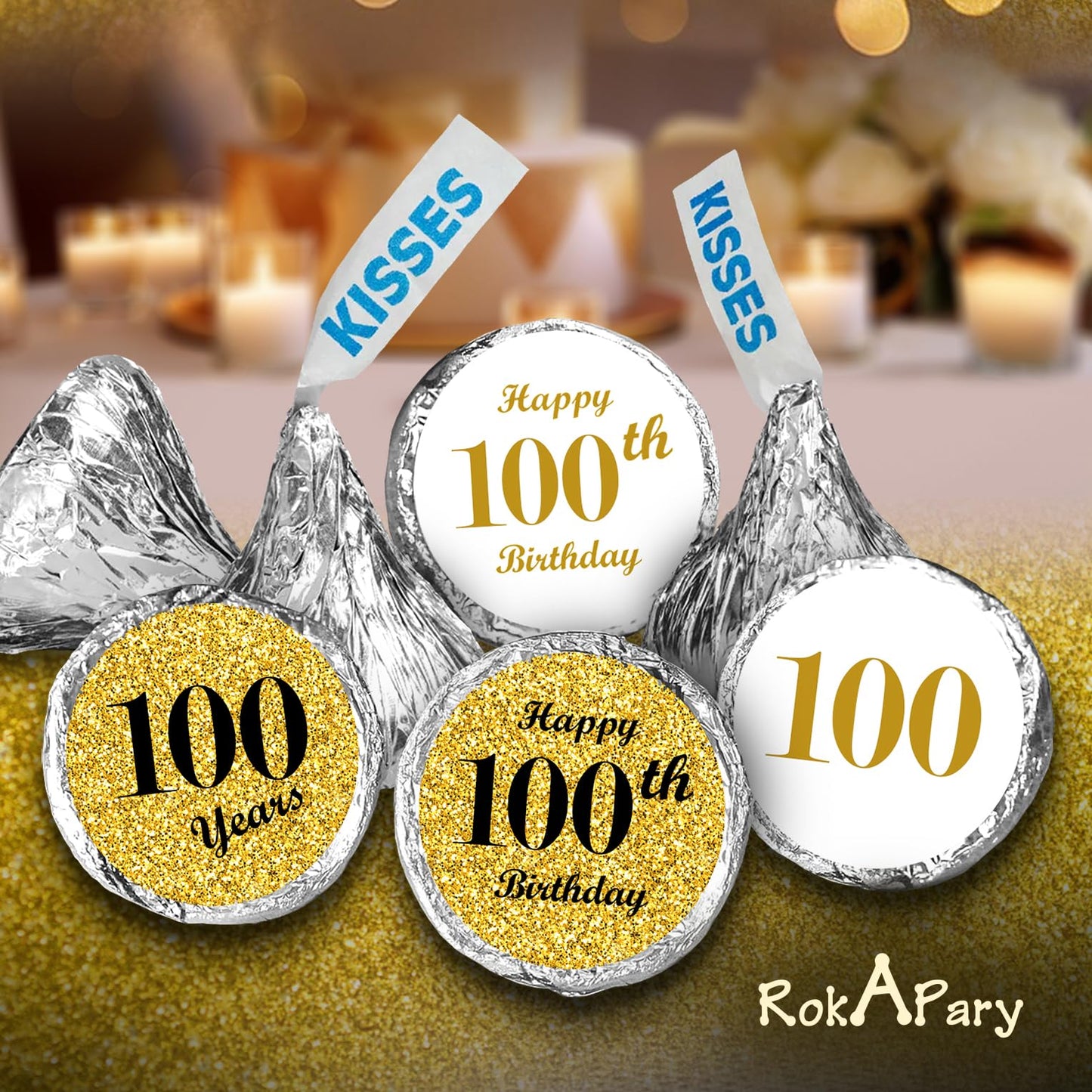 100th Birthday Gold Kisses Stickers, (Set of 216) Chocolate Drops Labels Stickers for Birthday Party, Party Favors Decor for Kisses. Made in USA