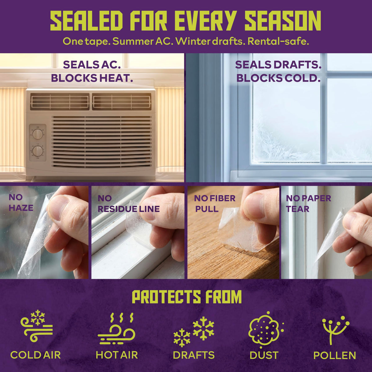 ATack Transparent Window Weather Sealing Tape, 2-Inch x 30 Yards, Clear Window Draft Isolation Sealing Film Tape- No Residue, Surface-Safe, Wood-Safe, Removes Cleanly 2" x 30 Yards (Single Pack)