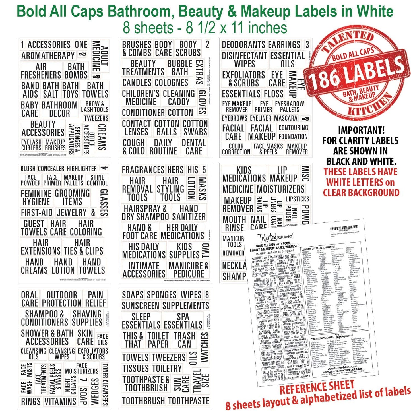 Talented Kitchen 186 Bold All Caps Bathroom & Beauty Labels. White Vinyl Stickers. Organization Storage System Bathroom in White - 186 Bold All Caps Labels X-Large