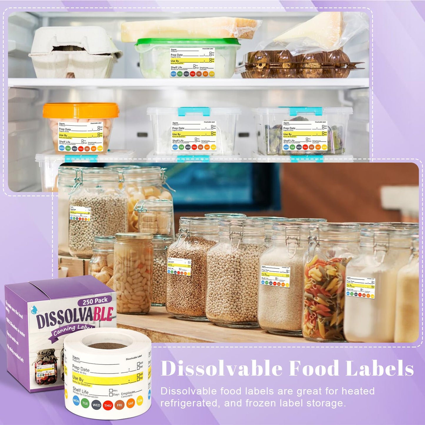250 PCS Dissolvable Food Labels Removable Food Labels Stickers Shelf Life Labels Food Labels Dispenser 2×3 Food Expiration Stickers Dissolvable Labels for Food Containers Freezer Labels for Kitchen