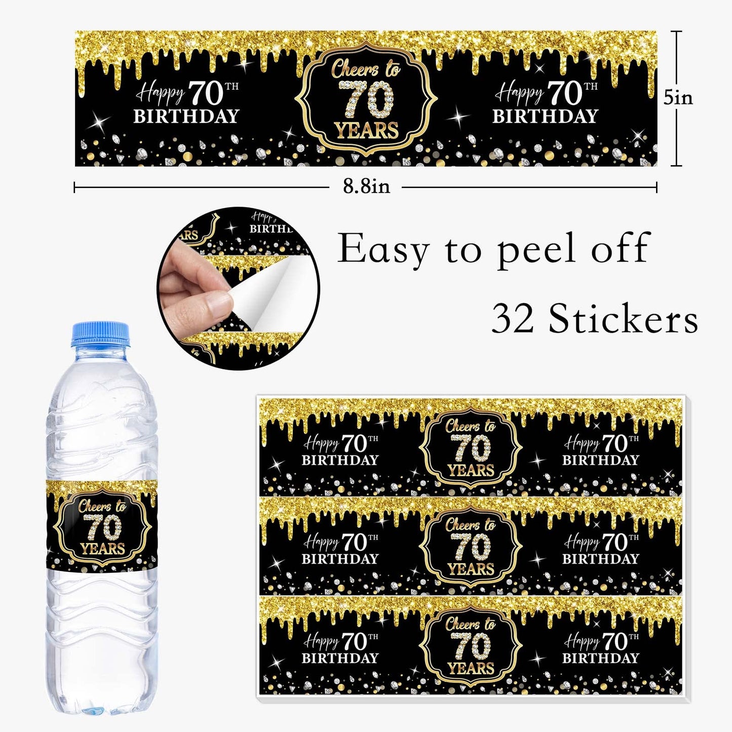 WOWOPA 32Pcs Cheers to 70 Years Water Bottle Labels, Happy 70th Birthday Labels Stickers for Women and Men Birthday Party Decorations - Black