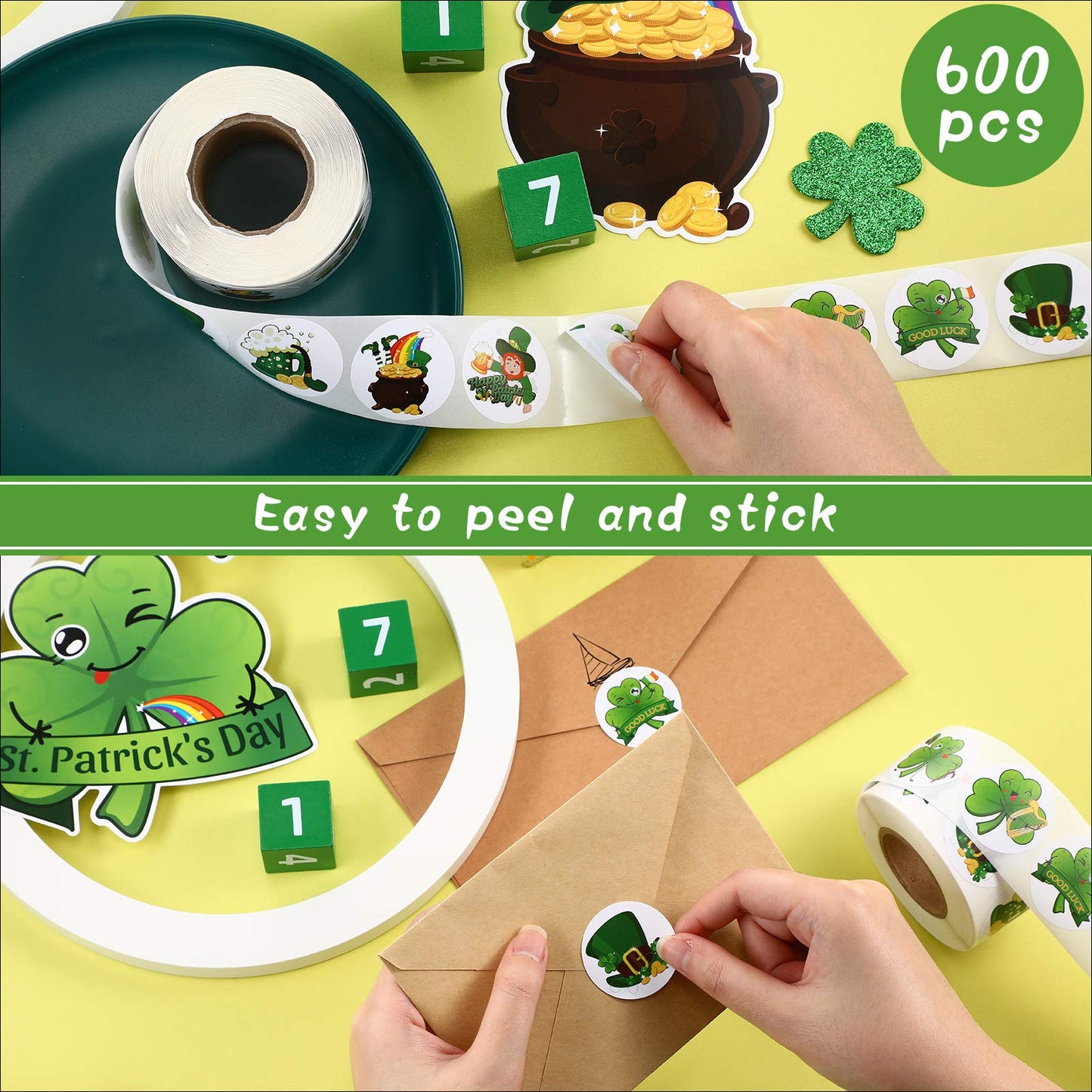 Zonon 600 Pieces St. Patrick Day Stickers Roll Cute Shamrock Leprechaun Beer Gold Coins Labels Teacher Reward Stickers Lucky Irish Decals Seals for Classroom Preschool, 1.5 inches