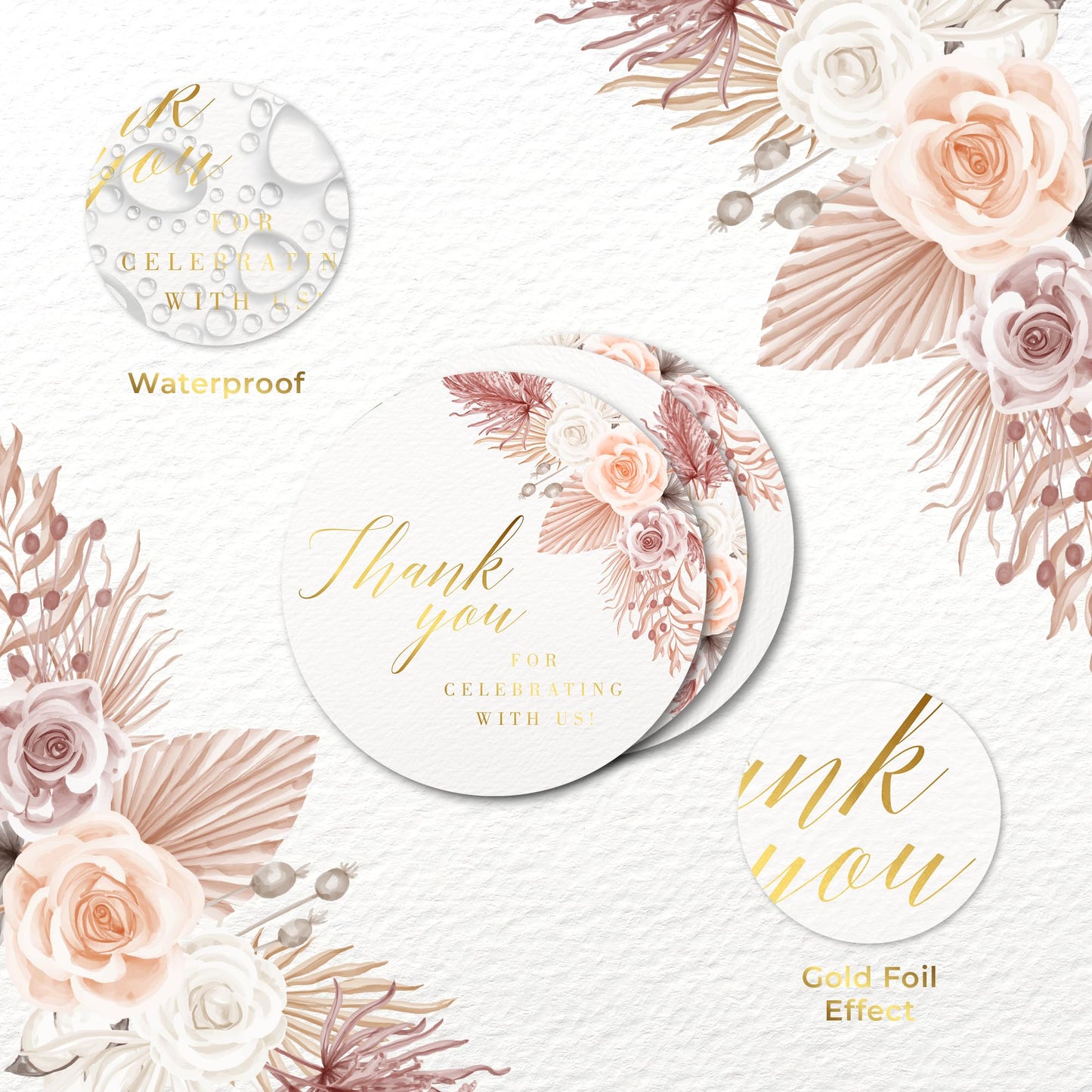 Mobiusea Creation Boho Beige Floral Wedding Thank You Labels Thank You for Celebrating with Us Stickers | 2 inch | Gold Foil | 60pcs Waterproof Favor Labels for Wedding, Bridal Shower, Baby Shower