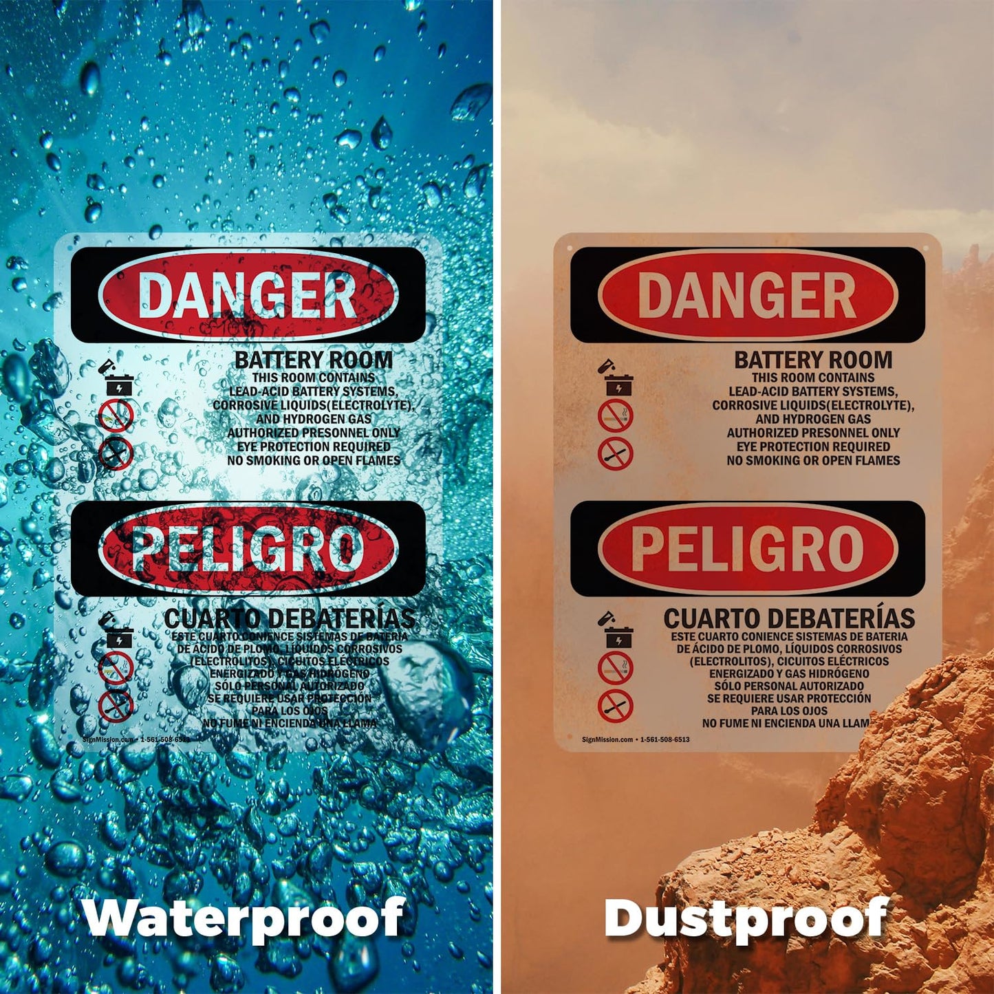 (2 Pack) Battery Room Bilingual OSHA Danger Sign 12 Inch X 18 Inch Vinyl Label Decal Sticker Weather Resistant, UV Protected for Workplace, Business, and Construction Site, Made in the USA Vinyl Decal
