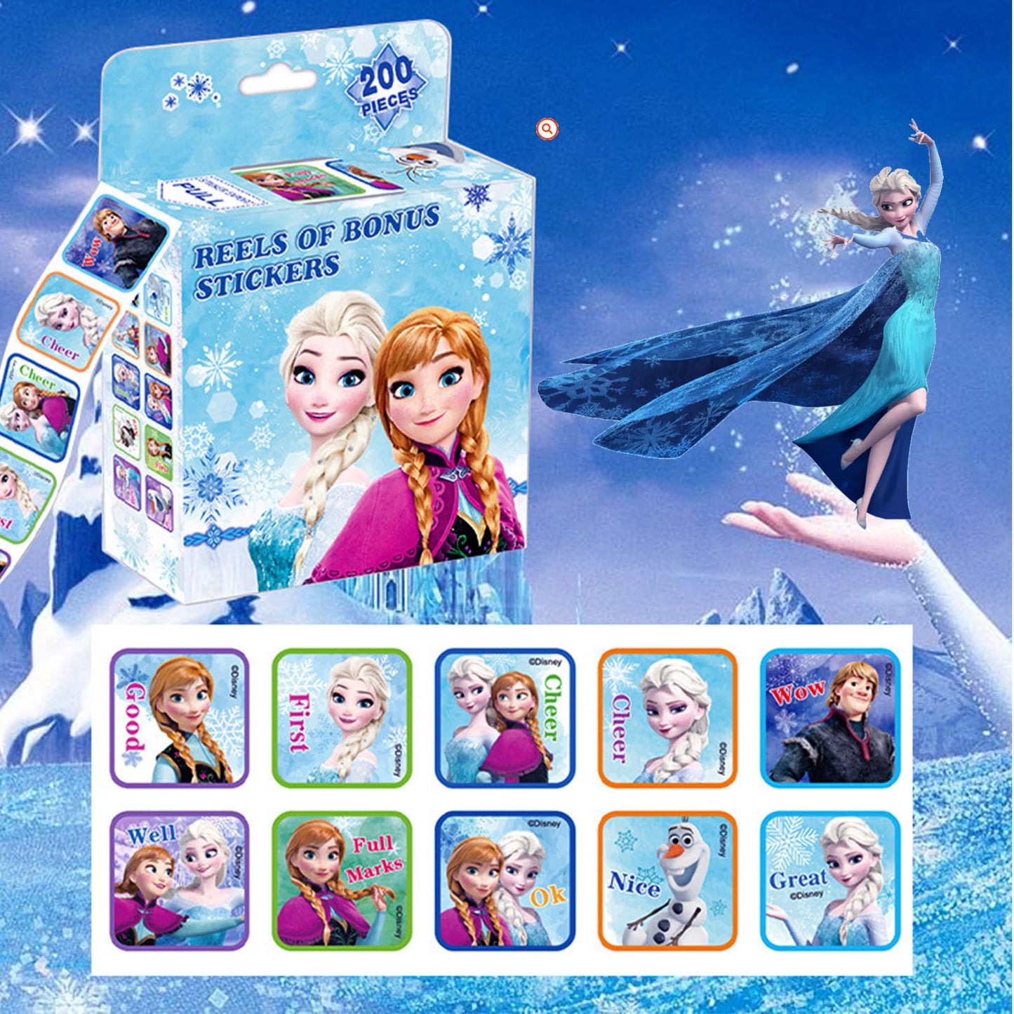 600 Pcs Roll Kids Sticker, 3 Pack in 30 Designs,1-1/2 Inch Self Adhesive Label Cartoon Stickers for Kids Teacher Blue