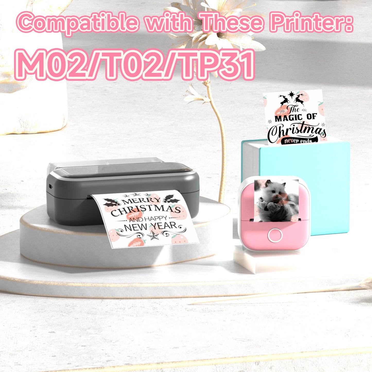 Phomemo Self-Adhesive Thermal Sticker Paper, Color Printer Paper Compatible with Phomemo Q02/T02/M832/M02/M02S/M04S Thermal Printer, Black on Milk Strawberry, 50mm x 3.5m, Keep for 20 Years, 3 Rolls 1.96 in x 11.48 ft