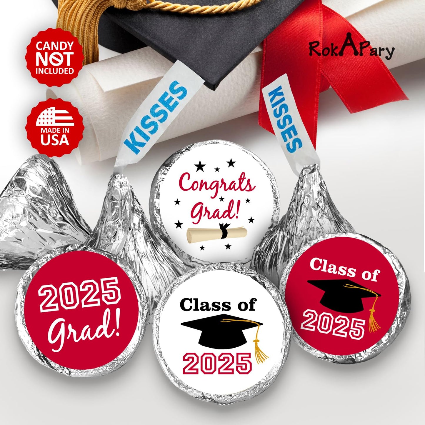216 New Graduation Party Cap Class of 2025 Favor Kisses Stickers Labels Stickers. Grad Party Favor Decorations. Made in USA (red)