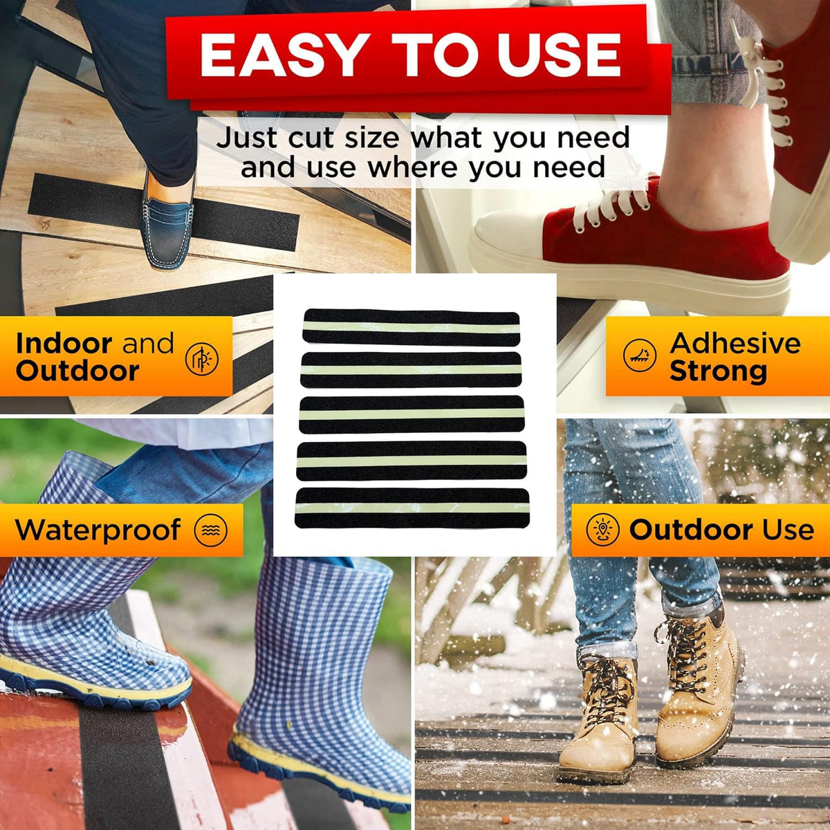 12-Pack Anti Slip Traction Tape with Glow in The Dark, 1.57inch x 13inch, Non-Slip Grip Adhesive Tape to Indoor or Outdoor Stair,Tubs, Boats, Safety Grip Tape Non Skid for Stair Steps #03Black with Glow 1.57 inch x 13 inch 12pcs