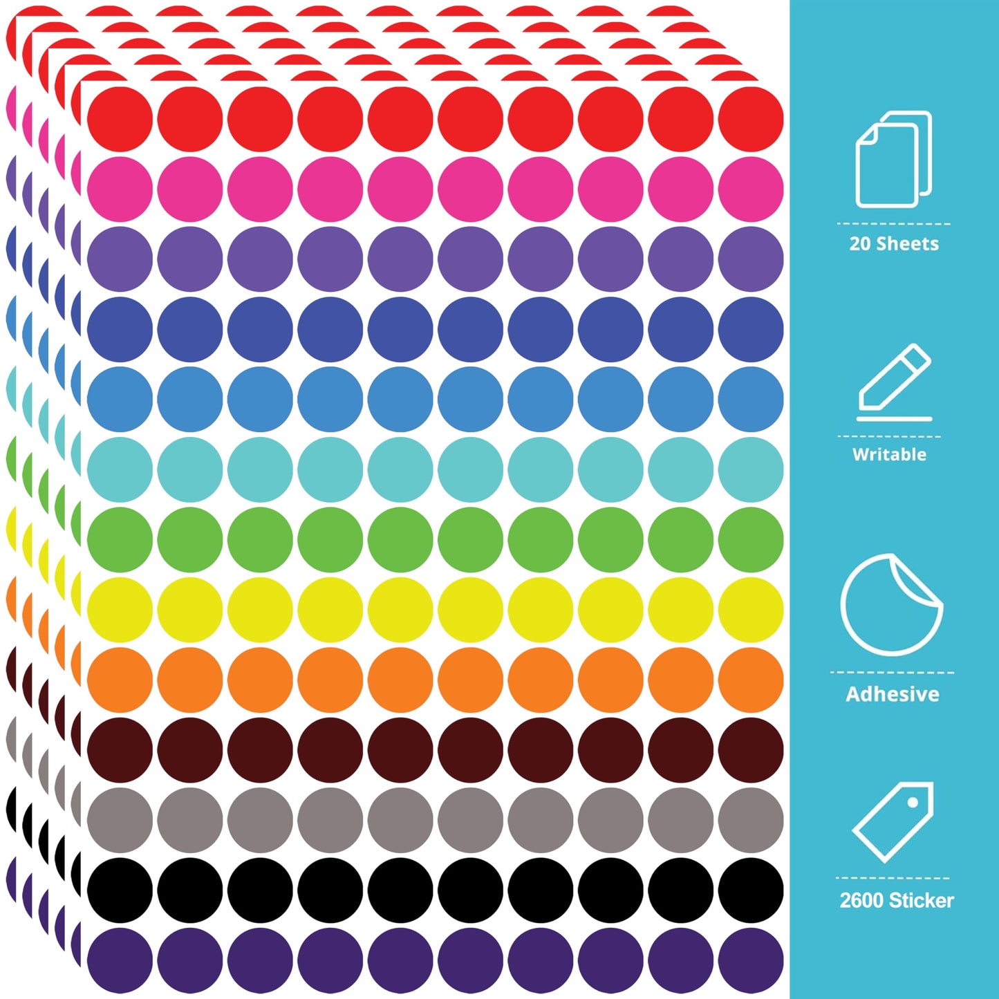 2600 Pcs Colored Dot Stickers, 3/4 Inch Round Color Coding Labels, 13 Color Circle Stickers for Office, Classroom, Papers, Teaching Events, Garage Sales