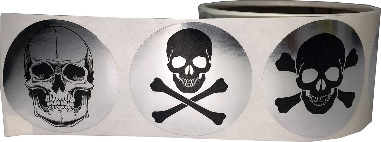 Silver Skull and Crossbones Circle Dot Stickers, 2 Inch Round, 100 Labels on a Roll