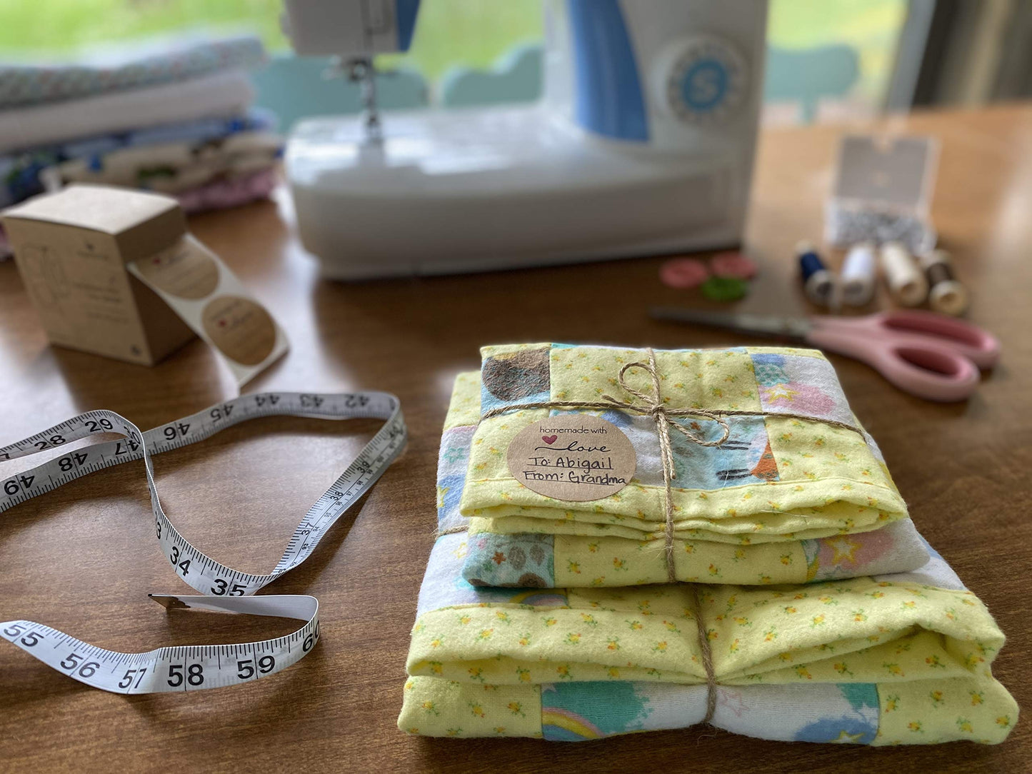 2” Homemade with Love Canning Labels with Lines for Writing, 500 Stickers per Roll in Dispenser Box, Plus Bonus 50’ of Twine String