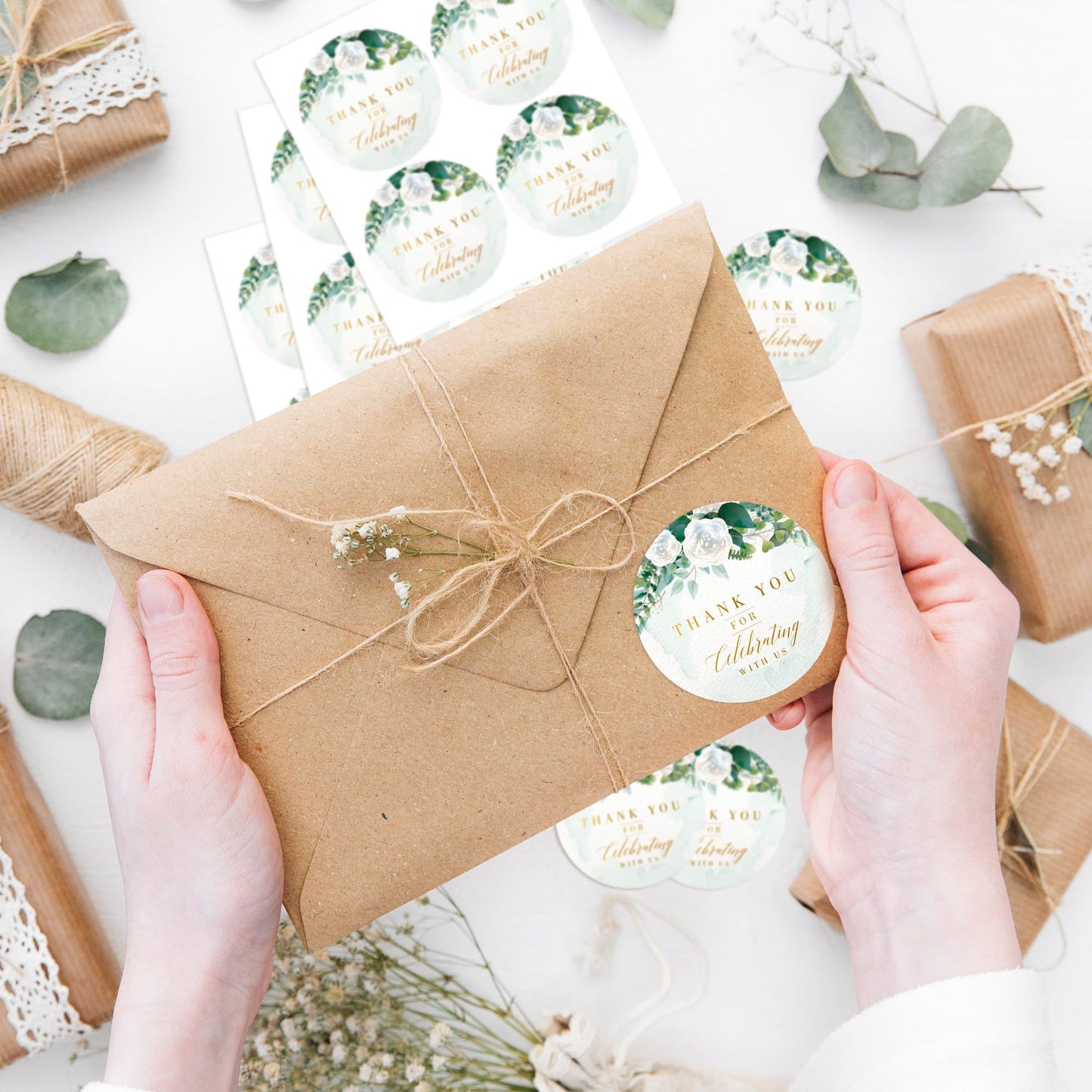 Mobiusea Creation White Floral Thank You for Celebrating with us Stickers | 2 inch | Gold Foil | 60pcs Waterproof Thank You Stickers Wedding Labels for Wedding, Bridal Shower, Baby Shower