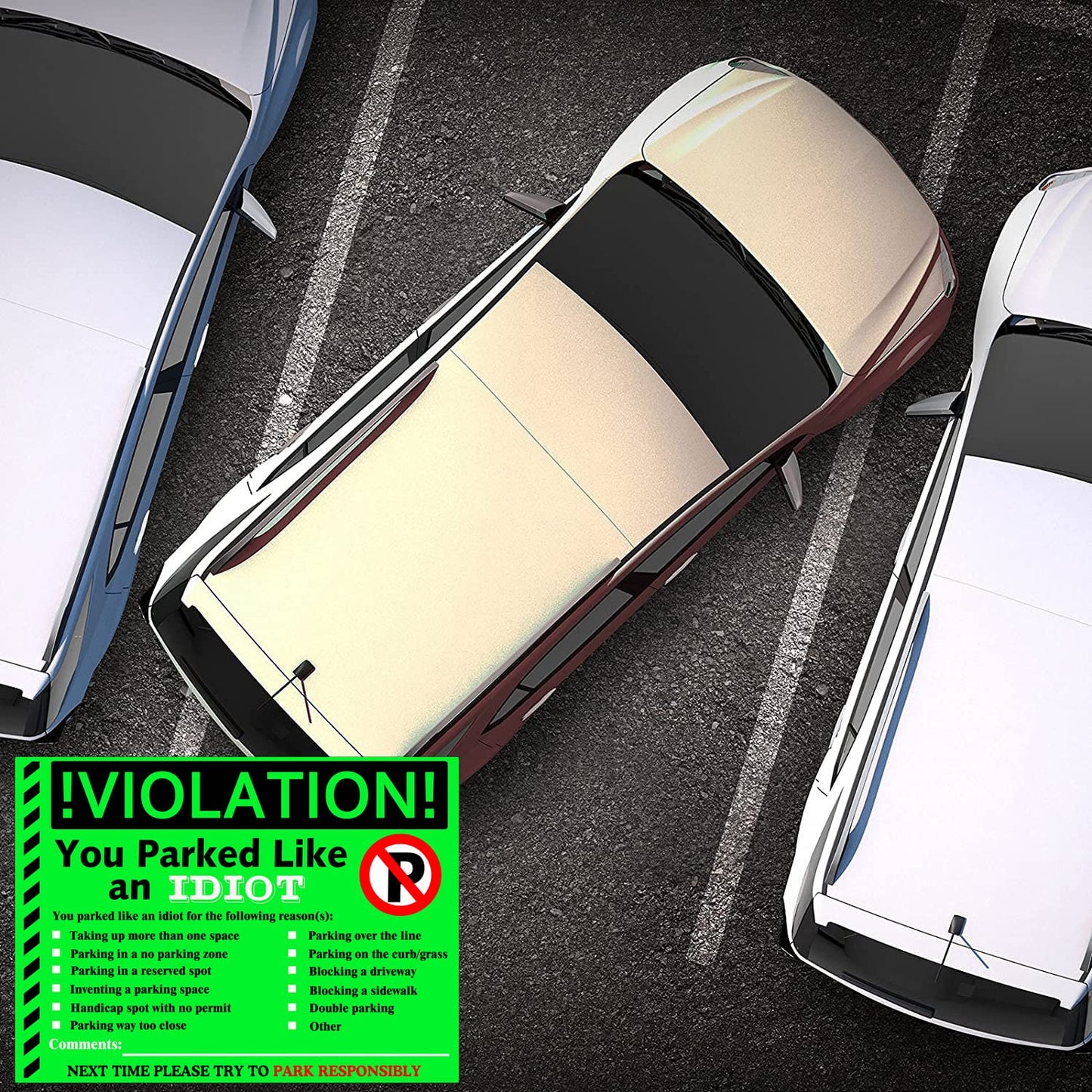 You Parked Like an Idiot Business Sticker 7.5x5.5 inch Multi Reasons Violation Bad Parking Notes Funny Labels for Hilarious Prank,Gag Gift,Stocking Stuffer 50 pcs (Green) Green