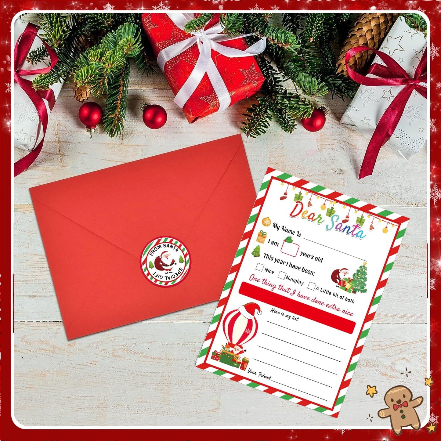 10 Set Santa Letter Kit Christmas Official Letters to Santa Christmas Wish List to Santa,Include Writing Letter/Envelopes/Address Labels/Seals Stickers/Return Address Label