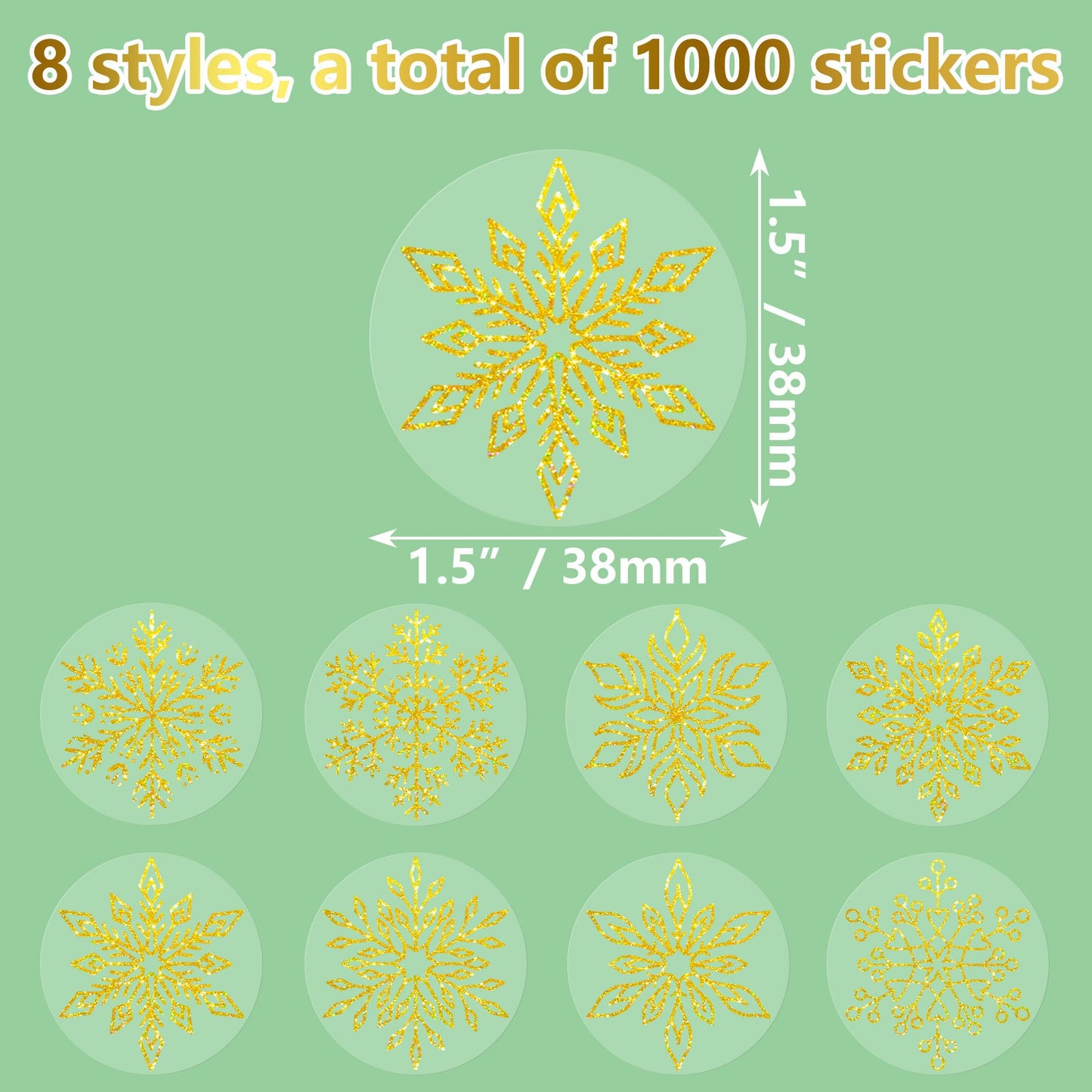 Lesnala 1000Pcs Gold Foil Snowflake Stickers Roll Clear Holographic Christmas Label Round Self Adhesive for Xmas Winter Envelopes Present Decor 8 Styles Golden