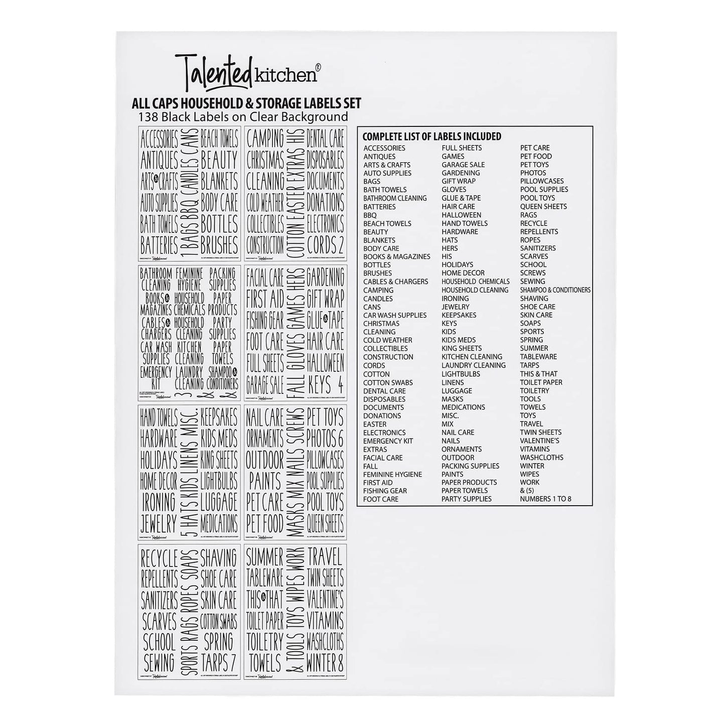 Talented Kitchen Set of 138 Household & Storage Organization Labels - All Caps, Black, Preprinted on Clear Stickers for Garage Bins & Boxes - Kitchen Stickers & Garage Labels for Storage Bins