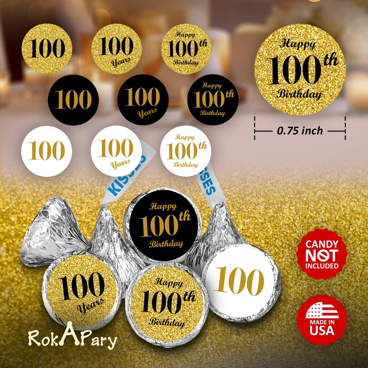 100th Birthday Kisses Stickers, (Set of 324) Chocolate Drops Labels Stickers for 100 Birthday, Party Favors Decor for Kisses. Made in USA, 9 Designs (36 Stickers of Each)
