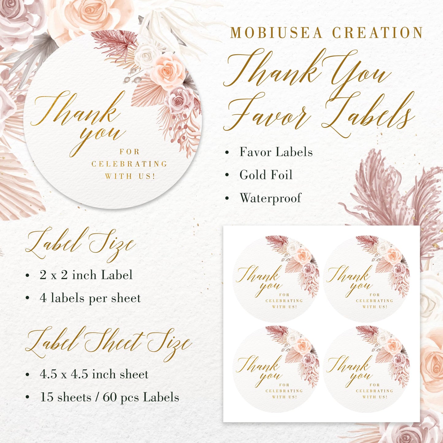 Mobiusea Creation Boho Beige Floral Wedding Thank You Labels Thank You for Celebrating with Us Stickers | 2 inch | Gold Foil | 60pcs Waterproof Favor Labels for Wedding, Bridal Shower, Baby Shower