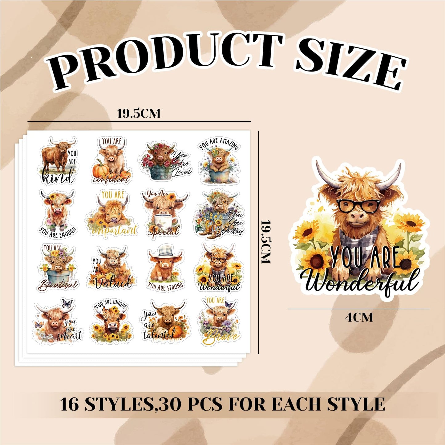 AnyDesign 480Pcs Highland Cow Stickers Inspirational Cute Cow Label Stickers Motivational Animal Paper Decals for Water Bottles Laptop Scrapbook Decor, 16 Styles